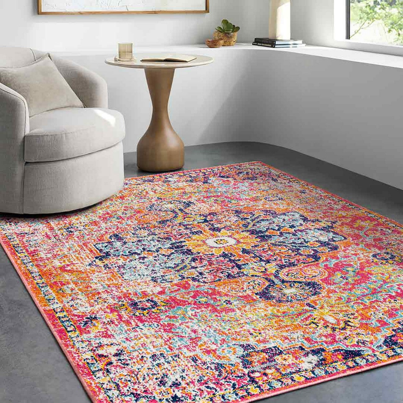 LOU Vintage Traditional Oriental Boho Orange/Dark Blue Area Rug Roomscene