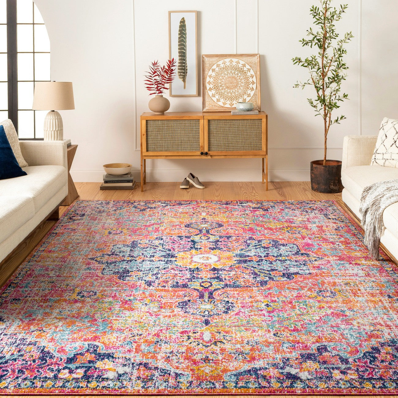 LOU Vintage Traditional Oriental Boho Orange/Dark Blue Area Rug Roomscene
