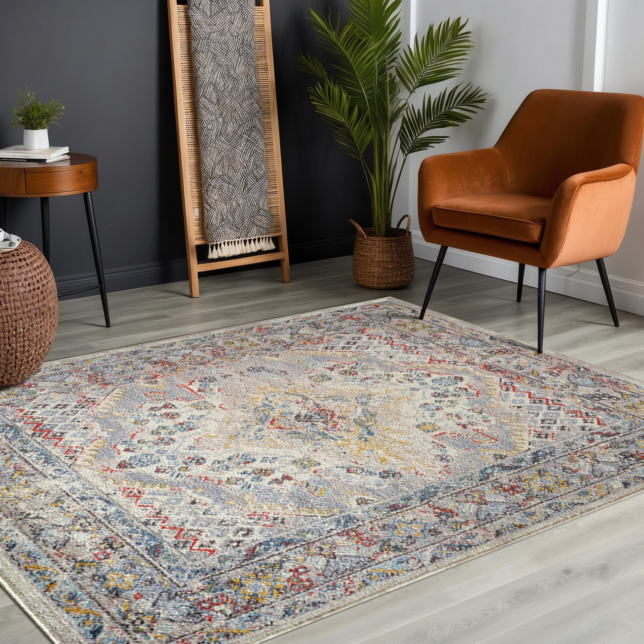 ESTHER Machine Washable Traditional Boho Grey/Oatmeal Area Rug Roomscene