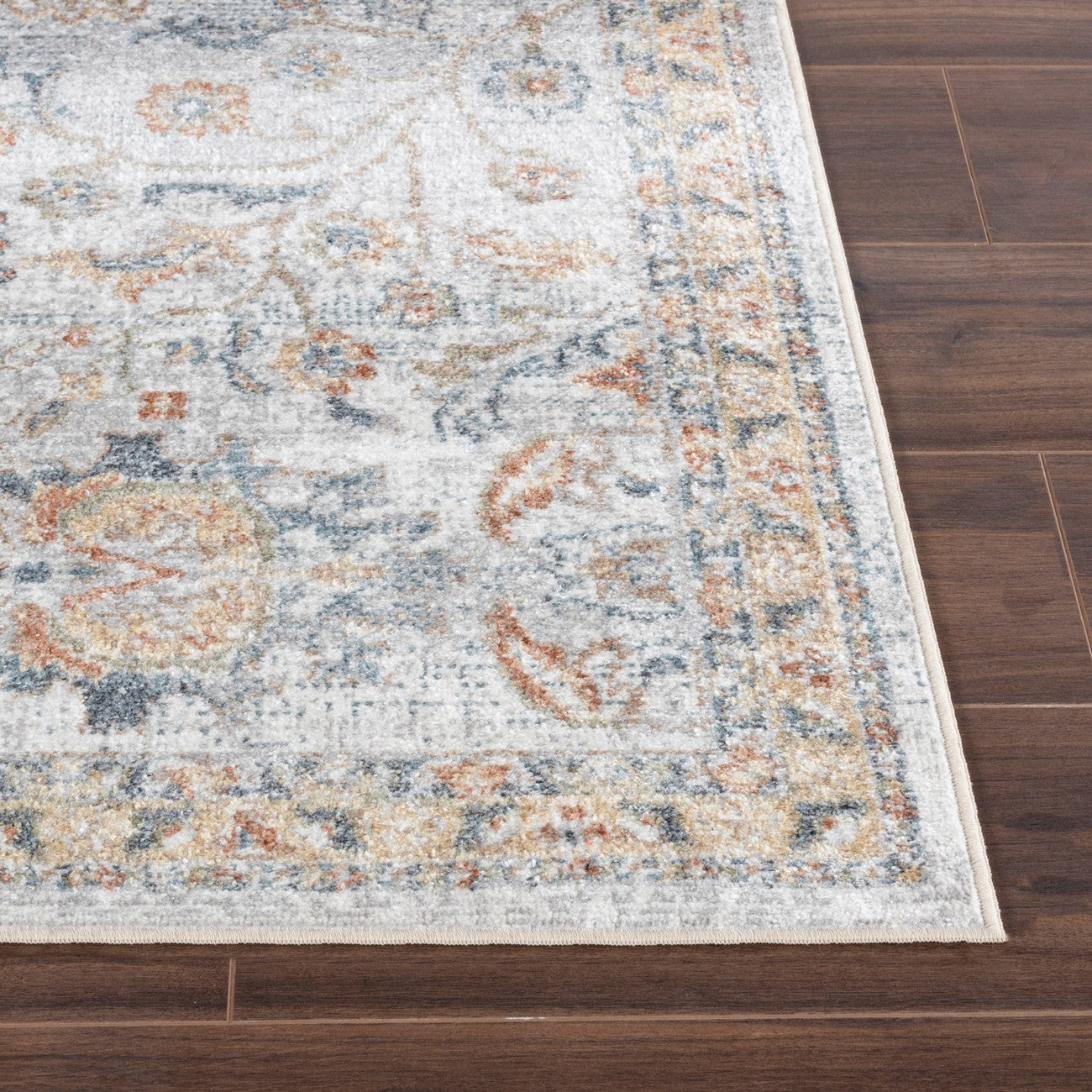ESTHER Machine Washable Traditional Boho Grey/Oatmeal Area Rug Front