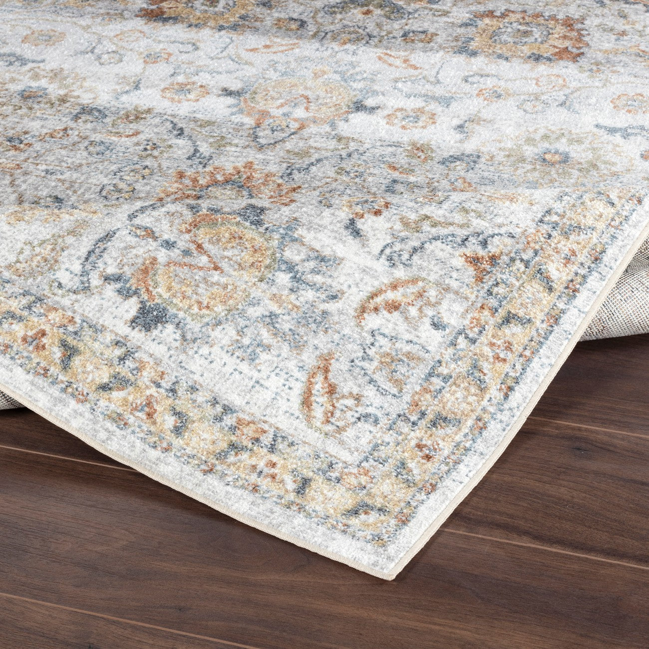 ESTHER Machine Washable Traditional Boho Grey/Oatmeal Area Rug Fold