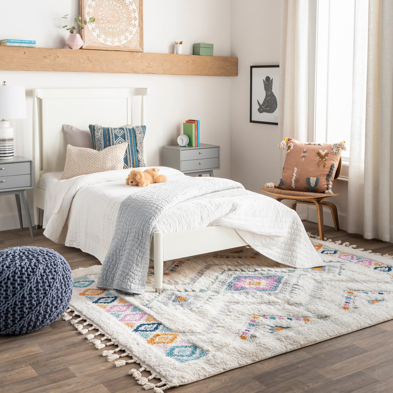 LILO Shaggy Modern Boho Plush Pile Ivory Area Rug Roomscene