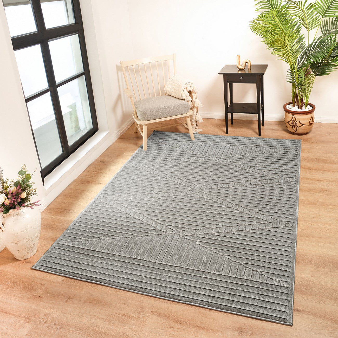 MITSUKO Indoor & Outdoor 3D High & Low Pile Textured Grey Area Rug Roomscene