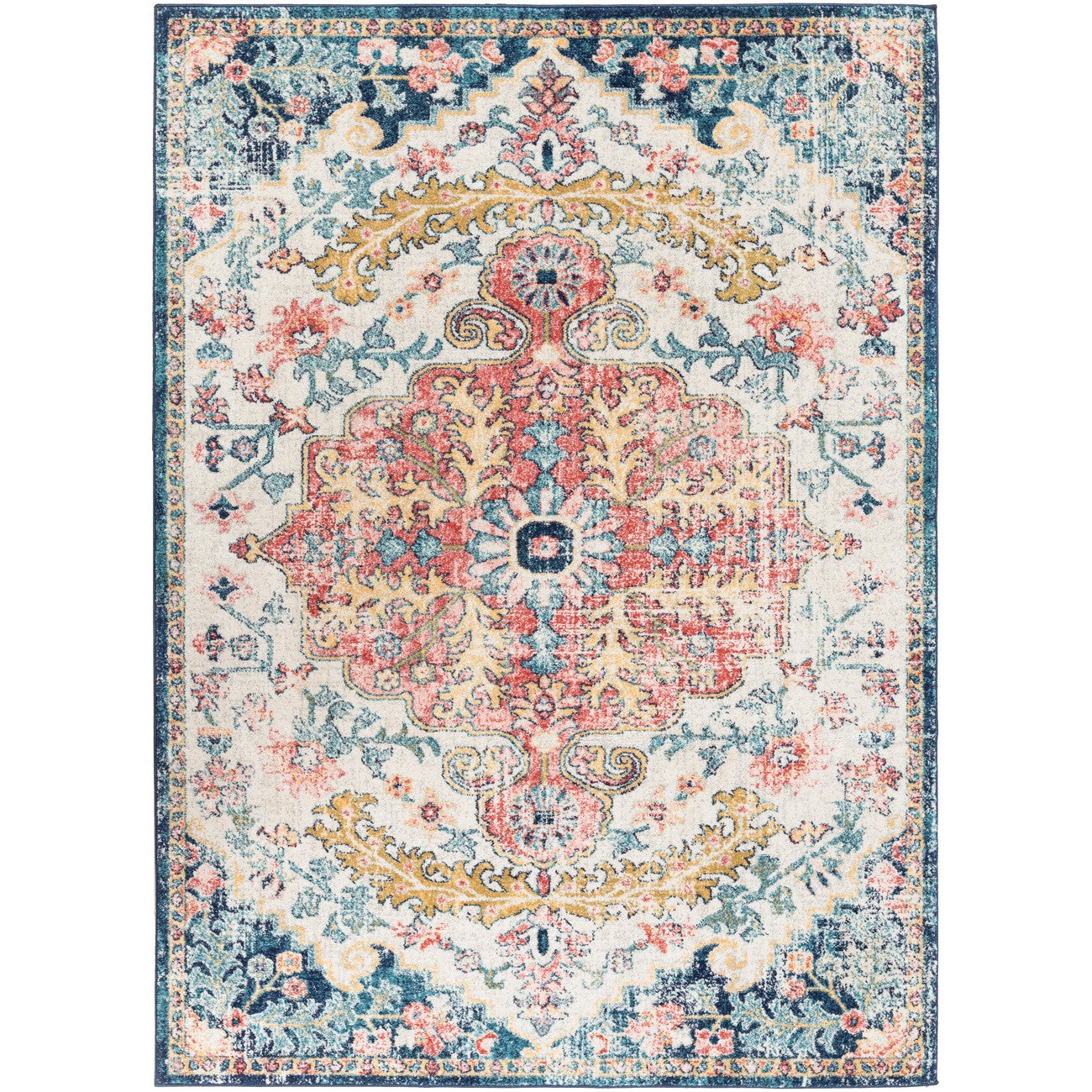 MAVERICK Vintage Traditional Oriental Boho Sky Blue/Garnet Area Rug