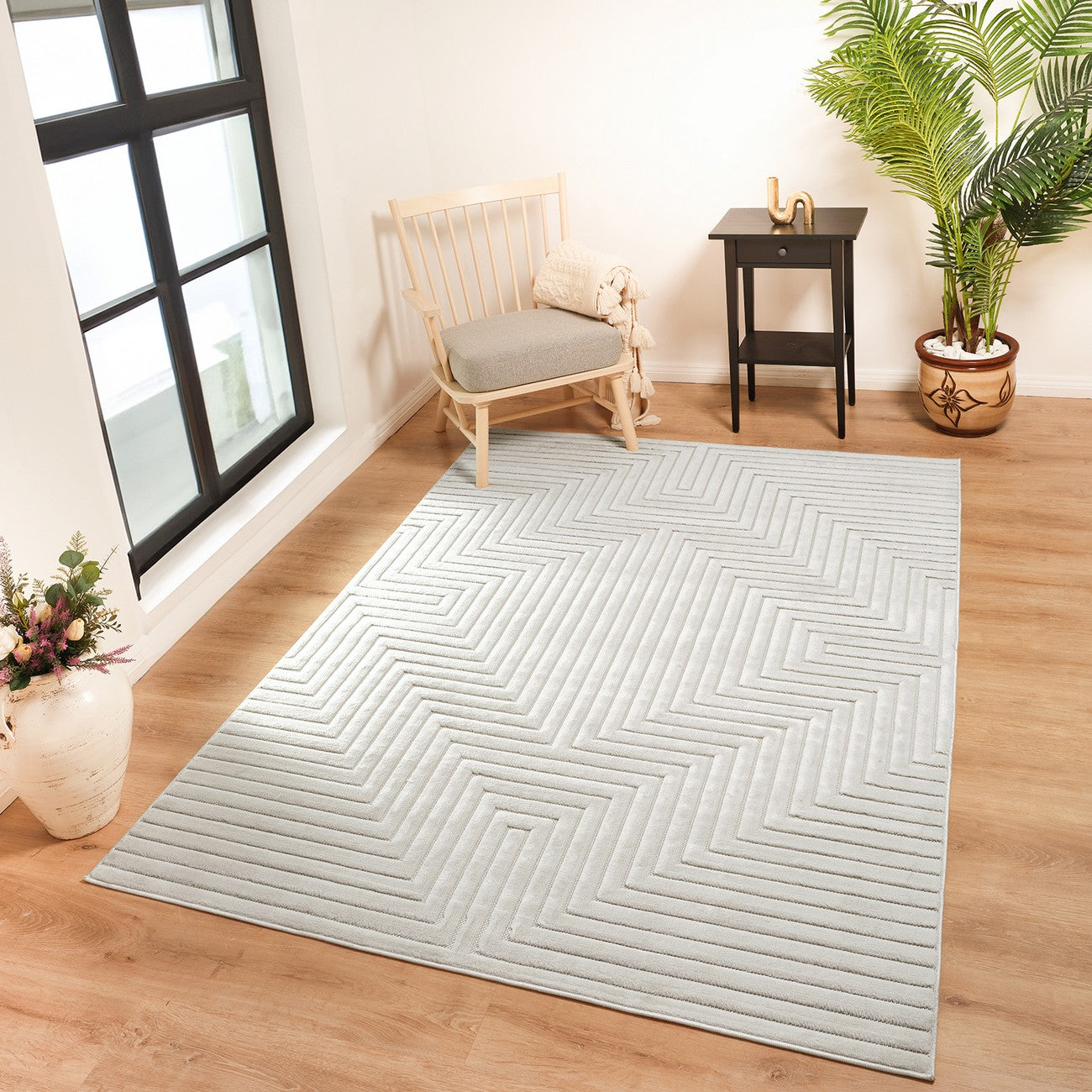 NAOKO Indoor & Outdoor 3D High & Low Pile Textured White Area Rug Roomscene