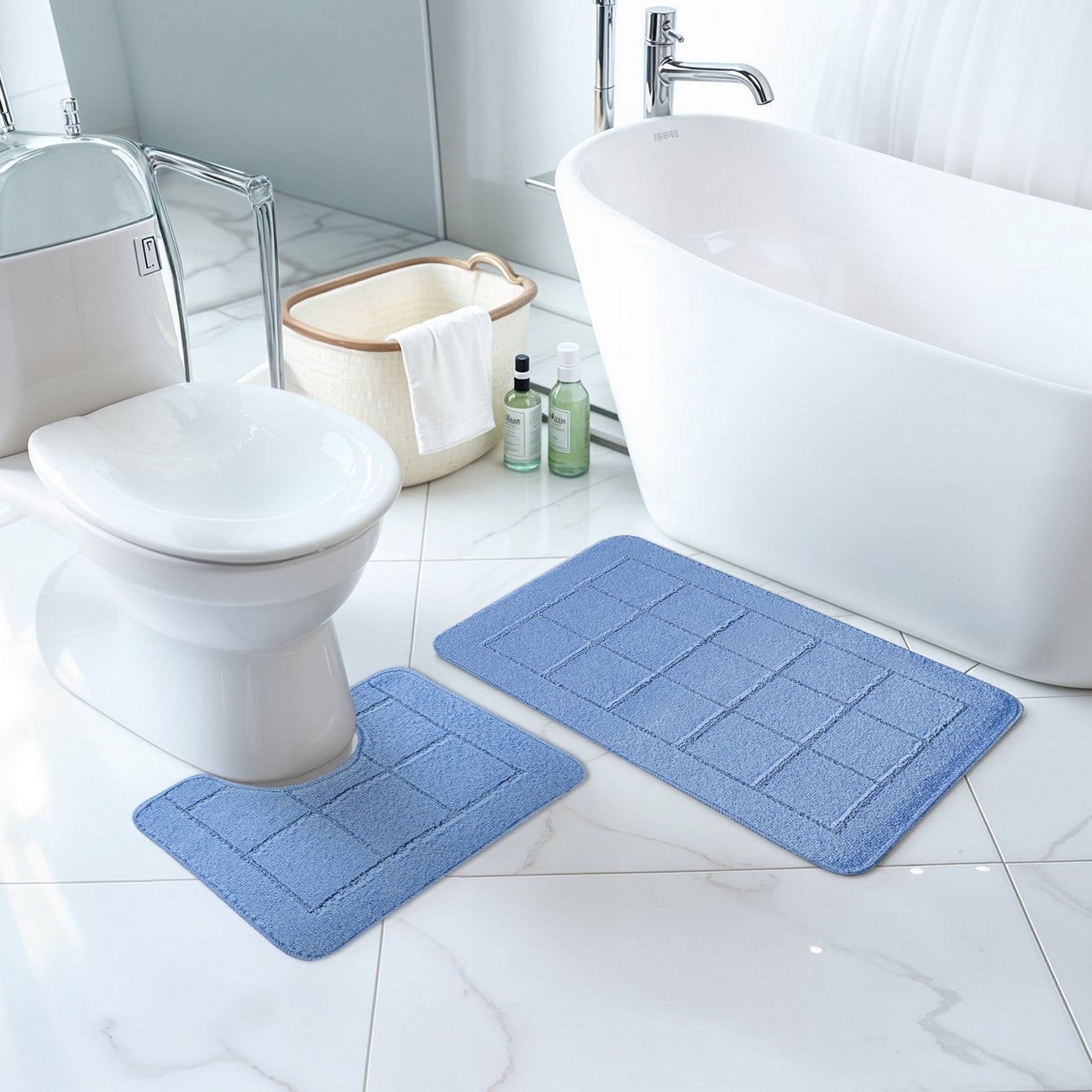 NOELLE 2 Piece Machine Washable Non-Slip Blue Bathroom Rug Set Roomscene