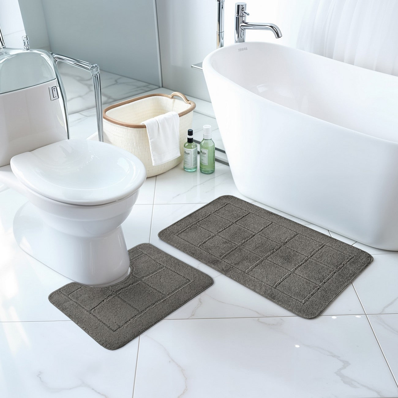 NOELLE 2 Piece Machine Washable Non-Slip Dark Grey Bathroom Rug Set Roomscene