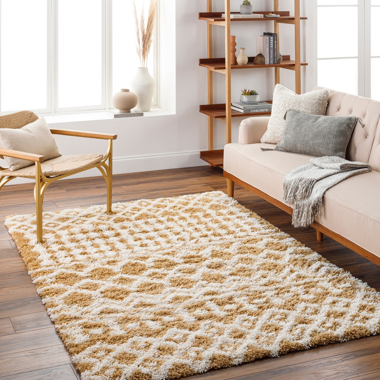 NOUR Shaggy Geometric Plush Pile Camel Area Rug