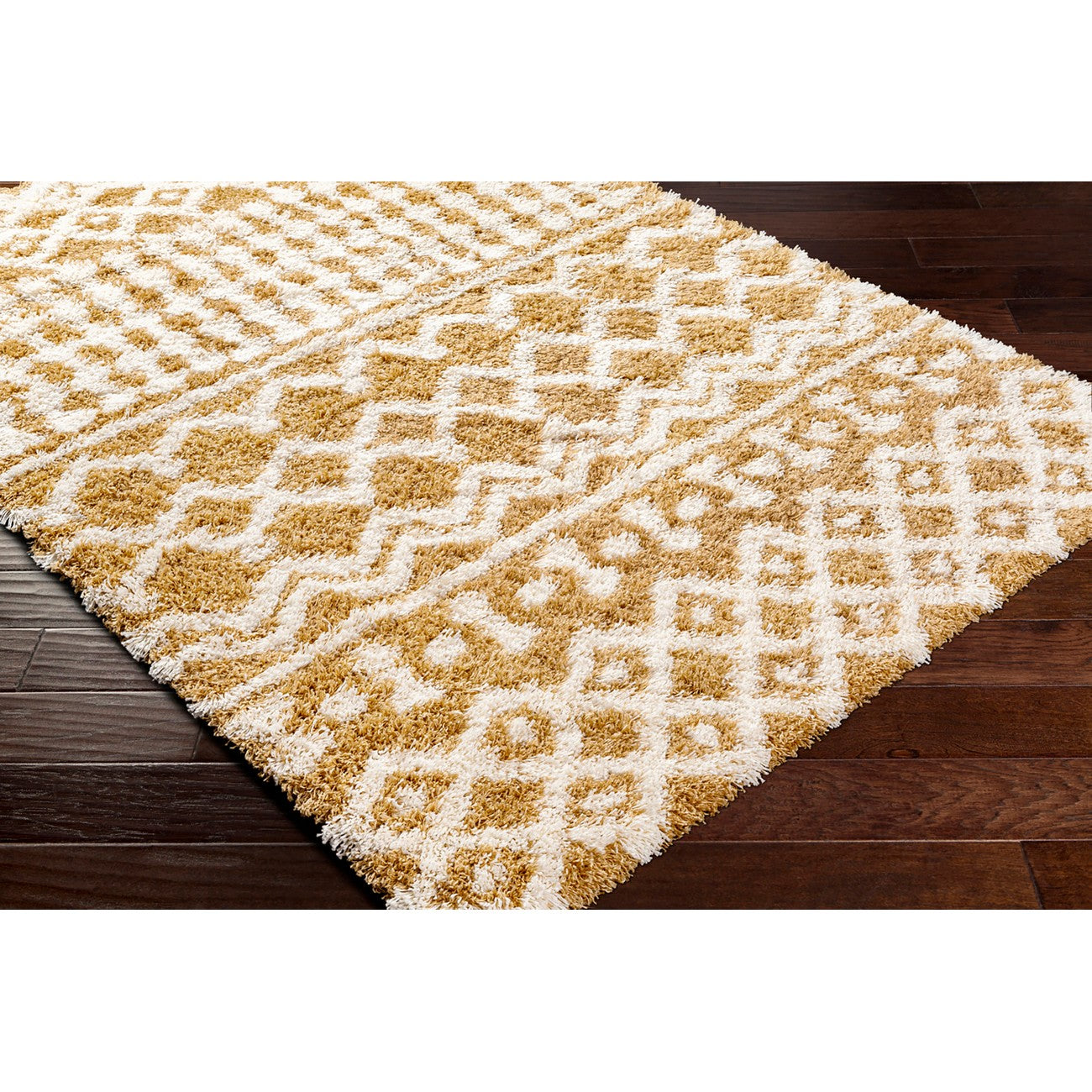 NOUR Shaggy Geometric Plush Pile Camel Area Rug