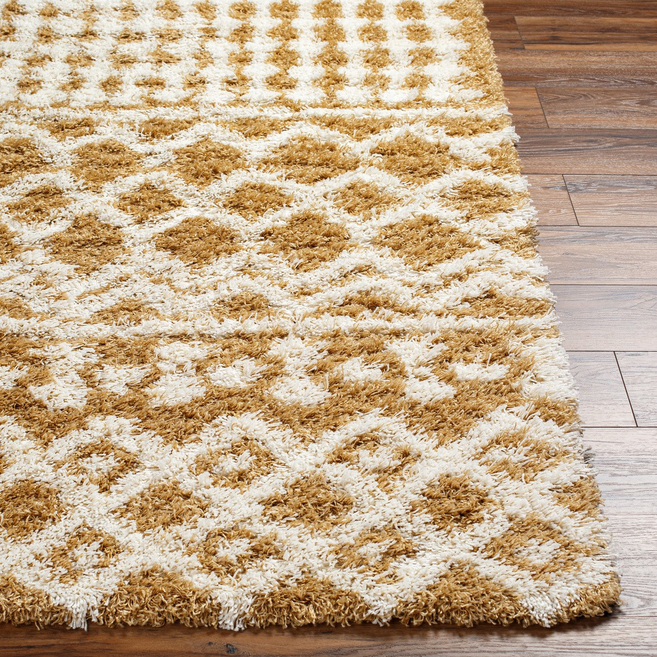 NOUR Shaggy Geometric Plush Pile Camel Area Rug