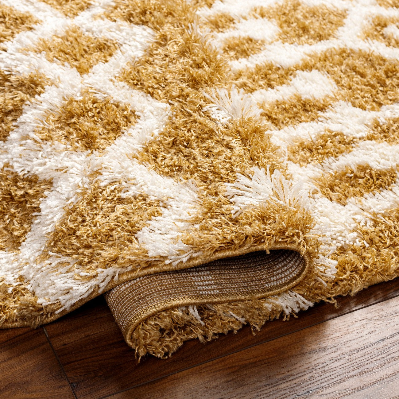 NOUR Shaggy Geometric Plush Pile Camel Area Rug