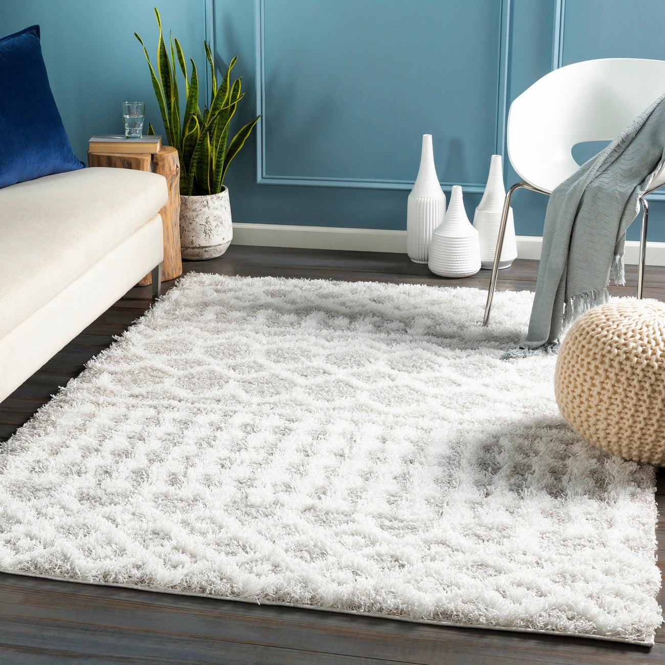 NOUR Shaggy Geometric Plush Pile Light Grey Area Rug Roomscene