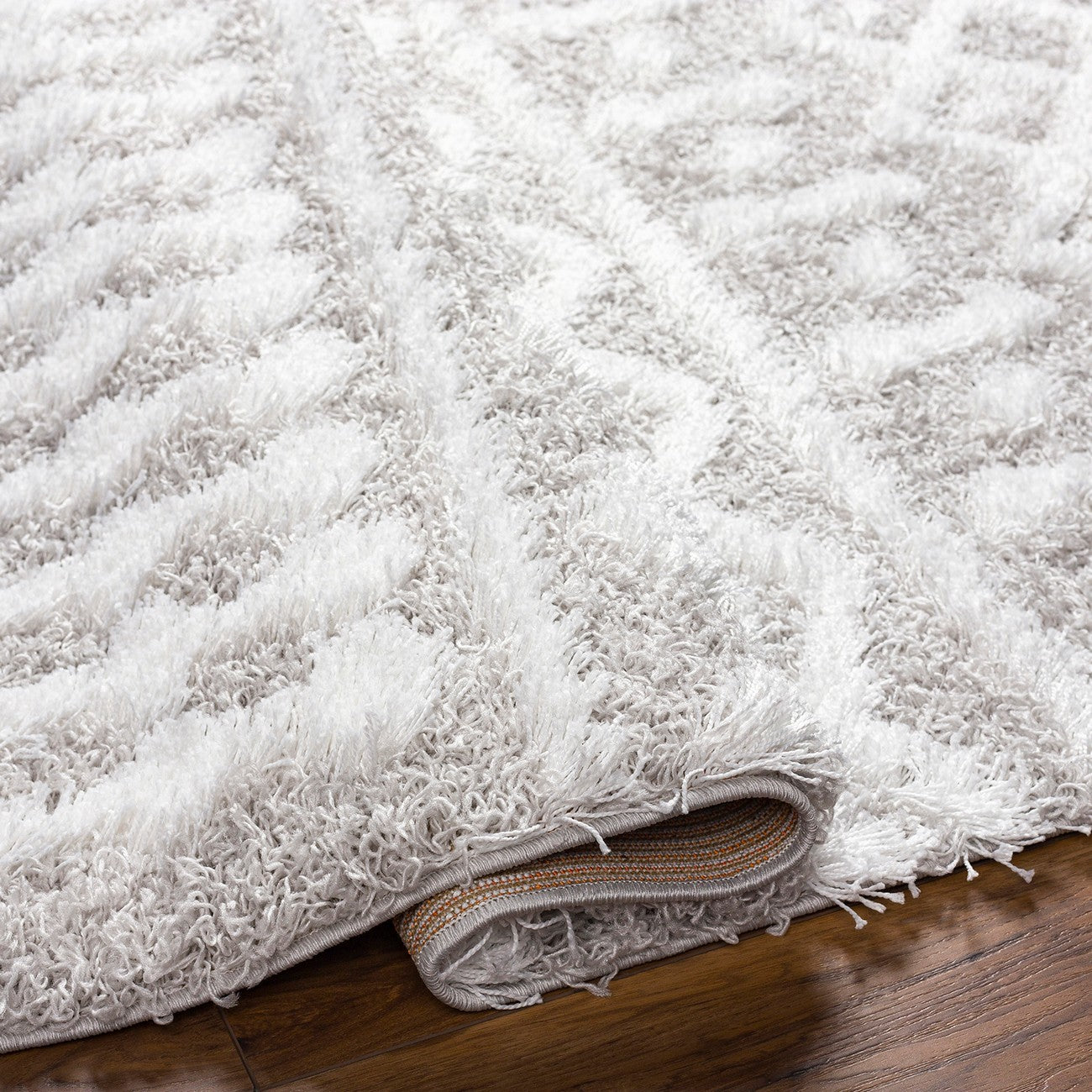 NOUR Shaggy Geometric Plush Pile Light Grey Area Rug Fold