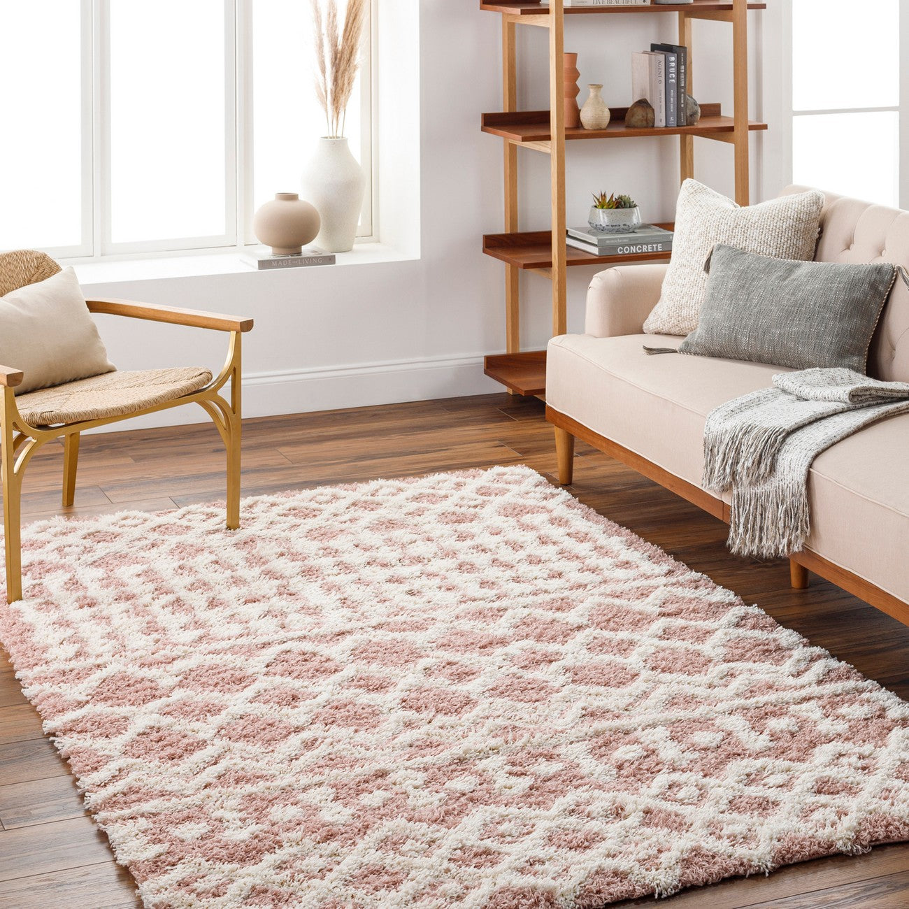 NOUR Shaggy Geometric Plush Pile Peach Area Rug