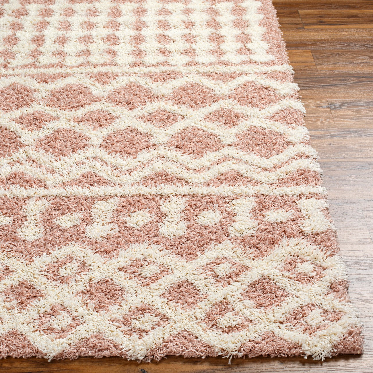 NOUR Shaggy Geometric Plush Pile Peach Area Rug