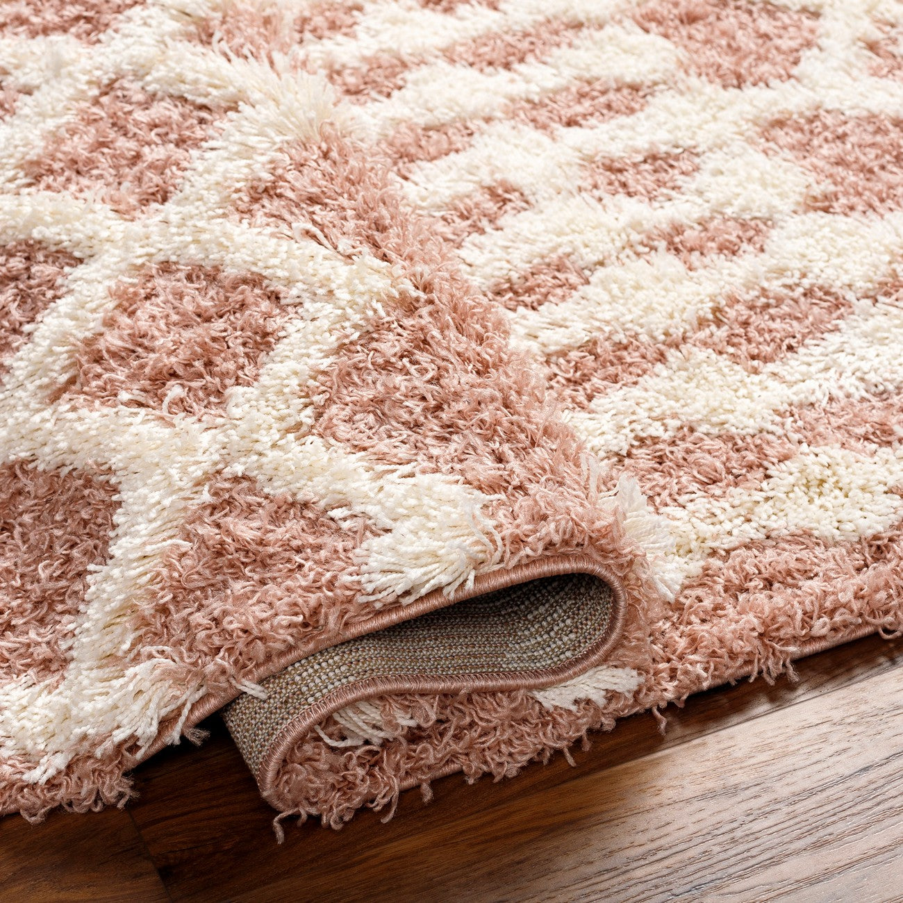 NOUR Shaggy Geometric Plush Pile Peach Area Rug