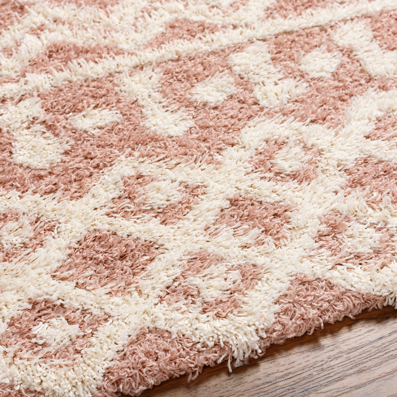 NOUR Shaggy Geometric Plush Pile Peach Area Rug