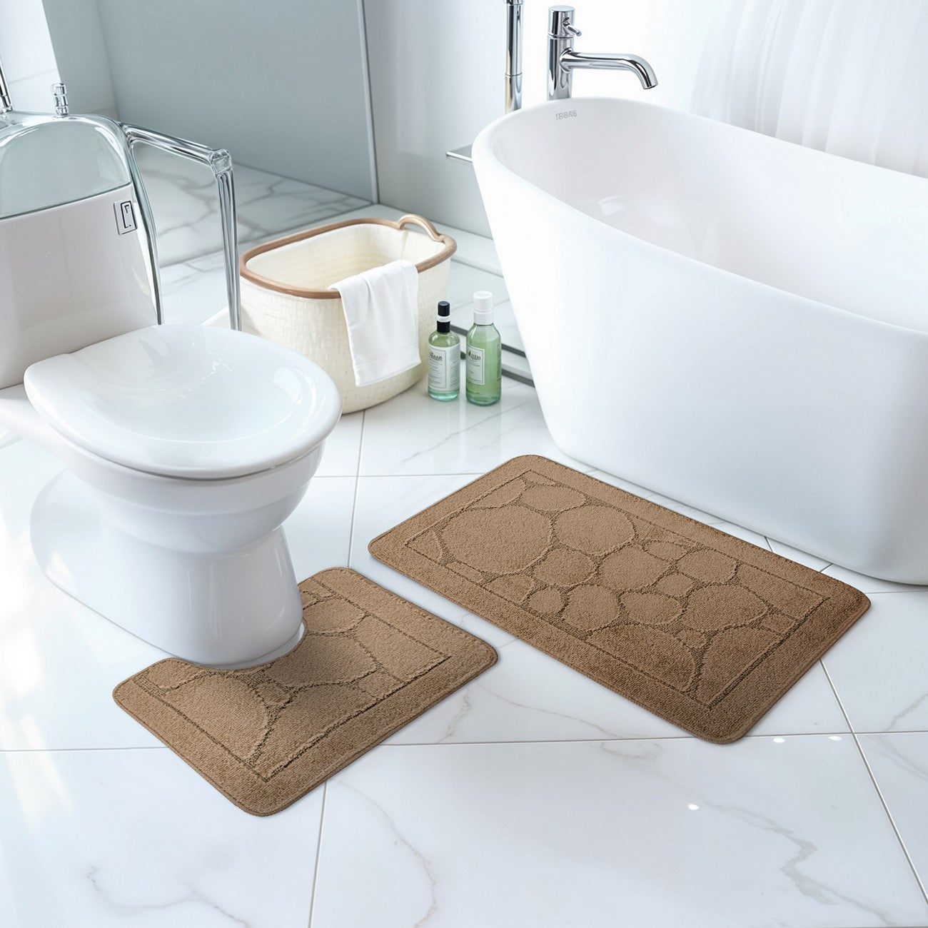 OLIVE 2 Piece Machine Washable Non-Slip Brown Bathroom Rug Set Roomscene