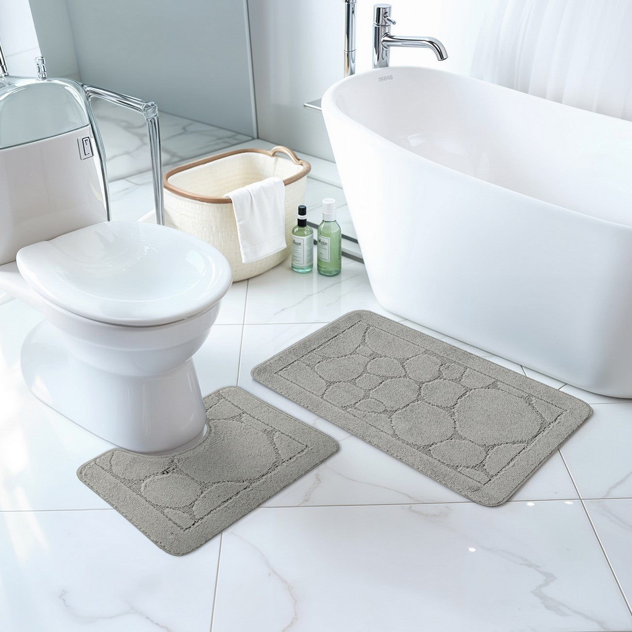OLIVE 2 Piece Machine Washable Non-Slip Light Grey Bathroom Rug Set Roomscene