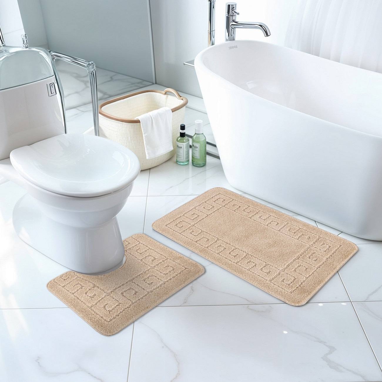 POPPY 2 Piece Machine Washable Non-Slip Beige Bathroom Rug Set Roomscene