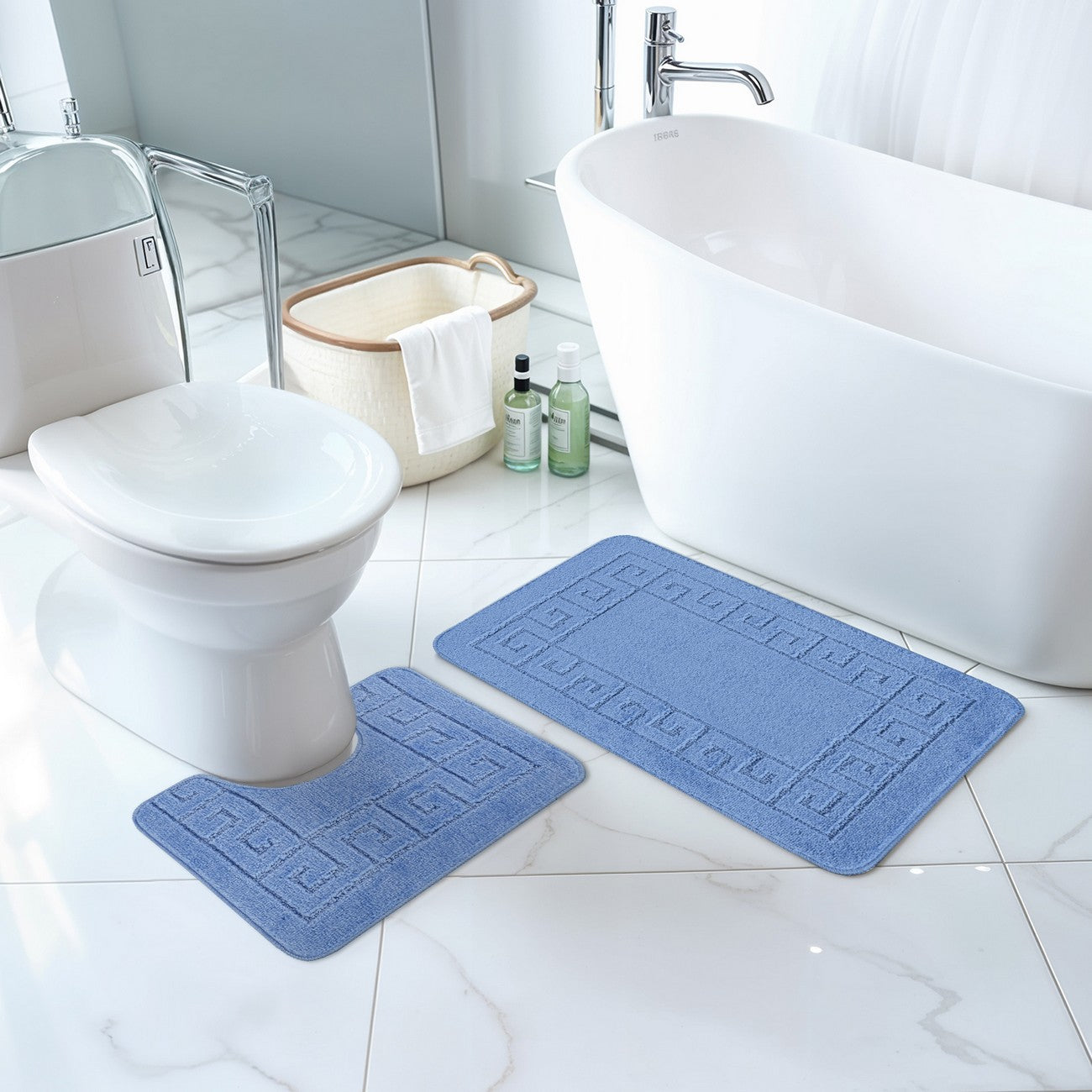 POPPY 2 Piece Machine Washable Non-Slip Blue Bathroom Rug Set Roomscene