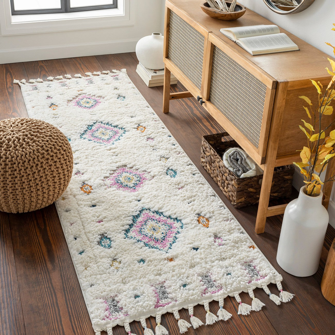 PUKYU Shaggy Modern Boho Plush Pile Ivory Area Rug Roomscene