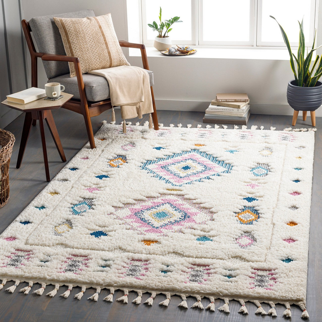 PUKYU Shaggy Modern Boho Plush Pile Ivory Area Rug Roomscene