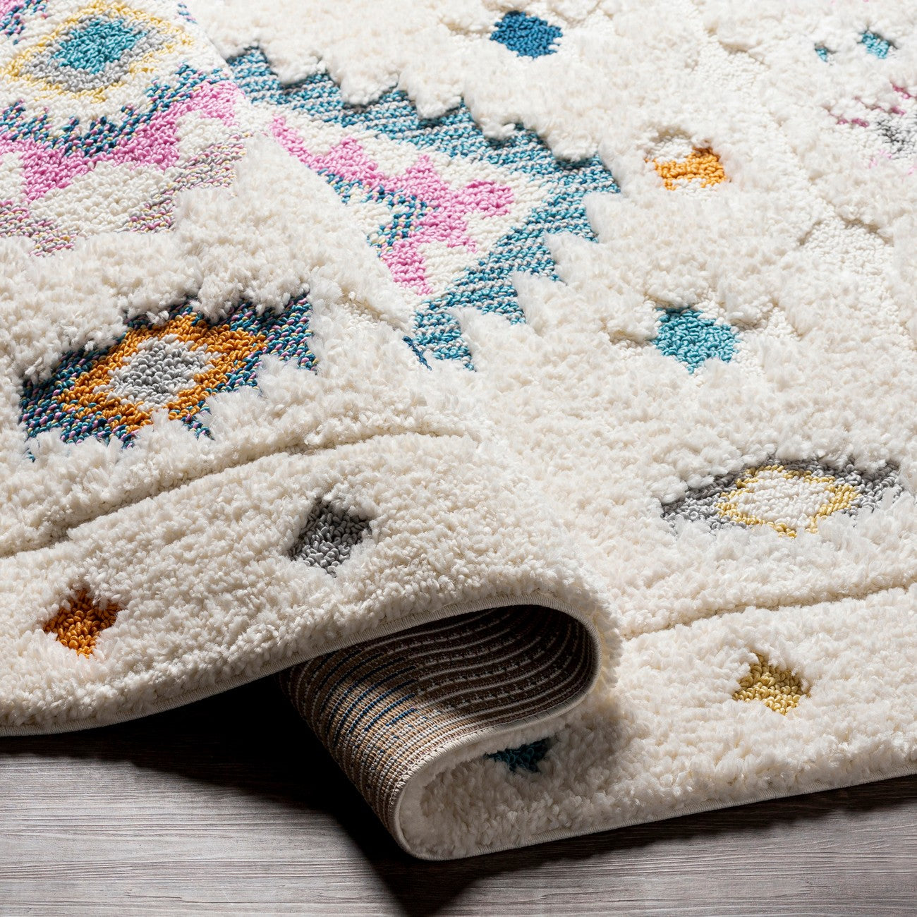 PUKYU Shaggy Modern Boho Plush Pile Ivory Area Rug Fold