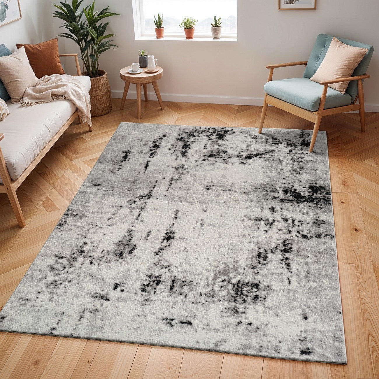NATALIA Abstract Modern Marble Light Grey Area Rug Roomscene