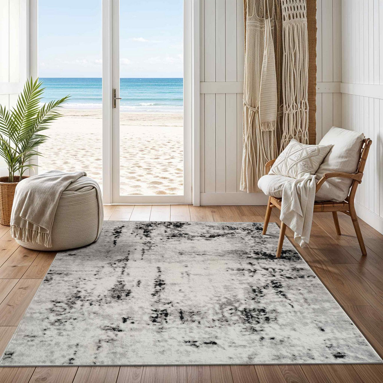 NATALIA Abstract Modern Marble Light Grey Area Rug Roomscene