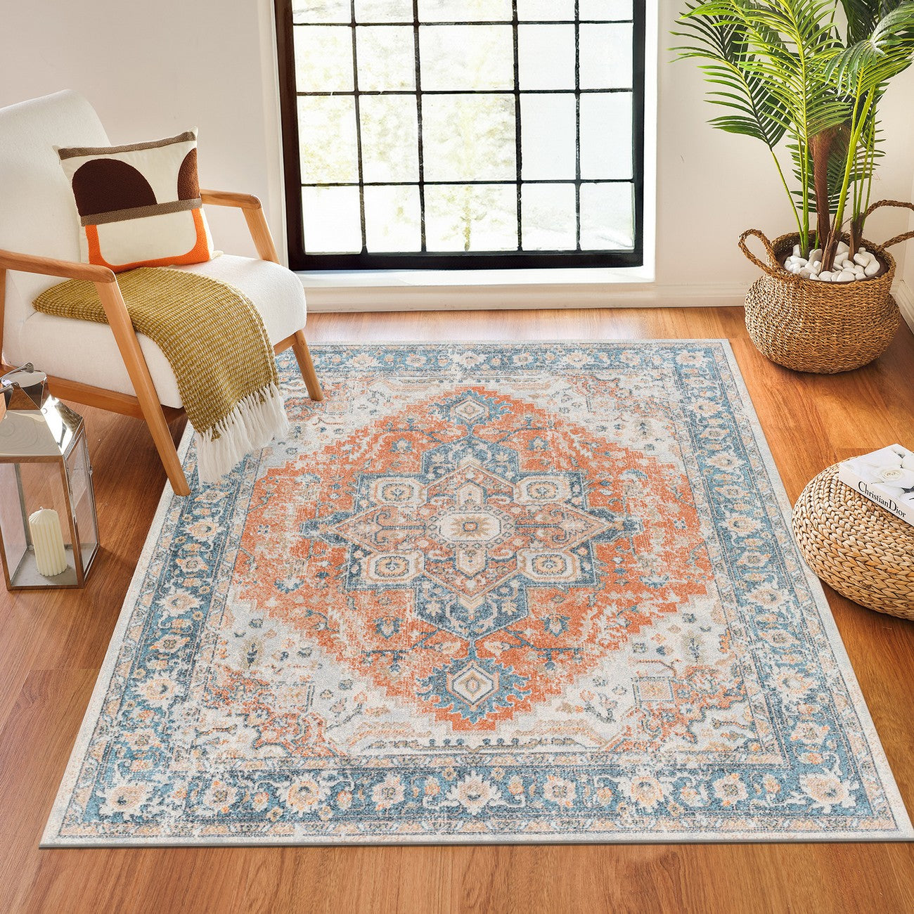 RIVER Machine Washable Traditional Boho Burnt Orange Area Rug Roomscene