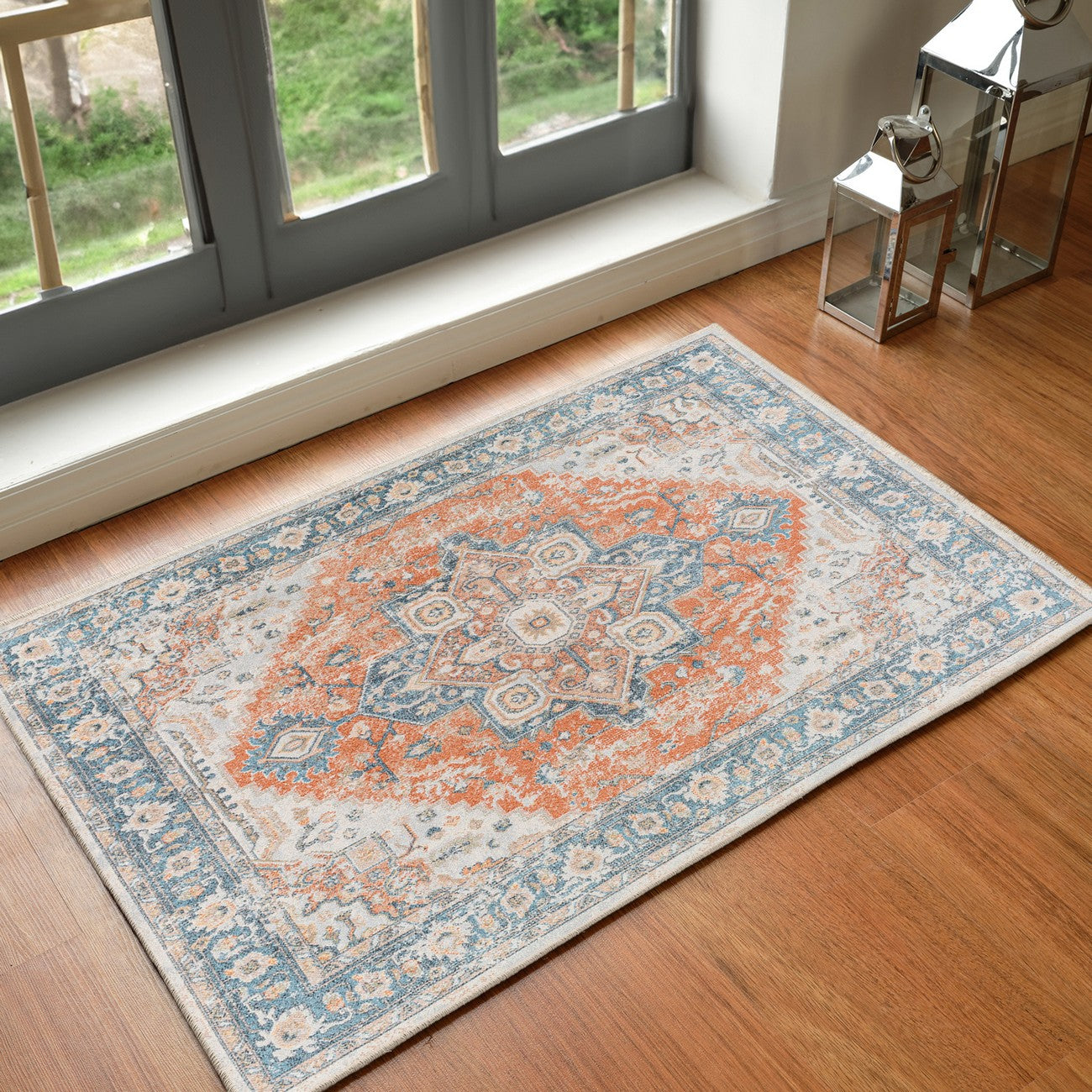 RIVER Machine Washable Traditional Boho Burnt Orange Area Rug Roomscene