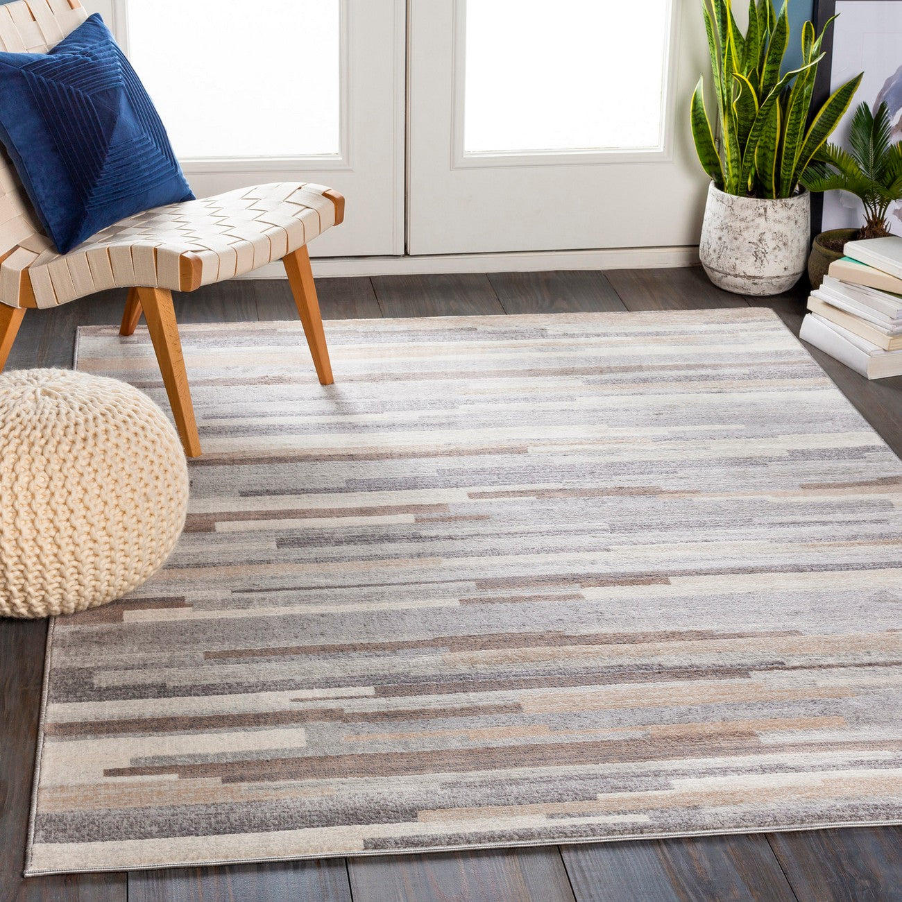 OLIVIA Scandi Modern Medium Grey/Tan/White Area Rug Roomscene