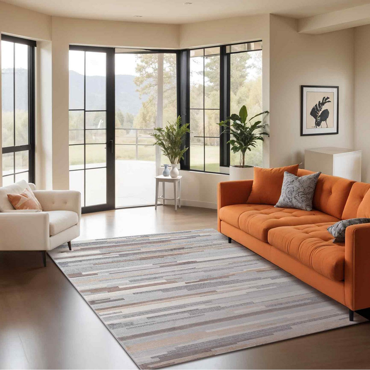 OLIVIA Scandi Modern Medium Grey/Tan/White Area Rug Roomscene