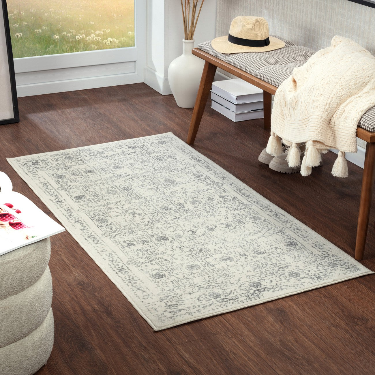 VICKY Vintage Traditional Oriental Boho Grey Area Rug Roomscene