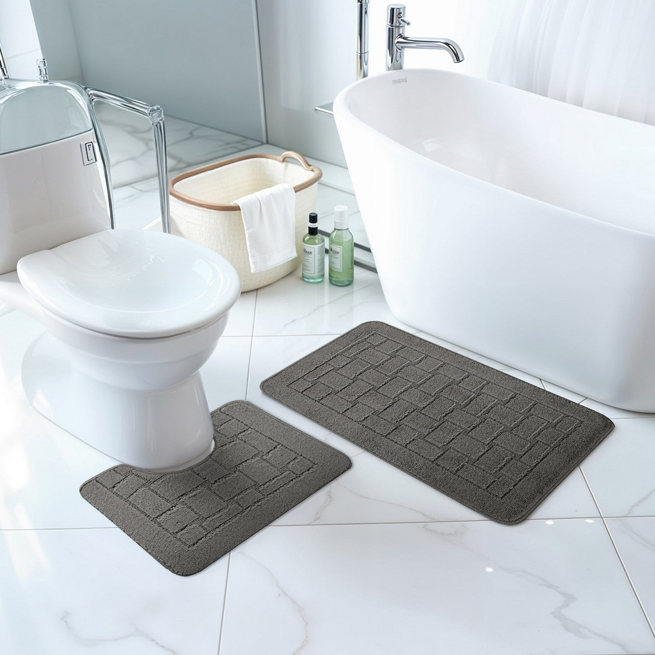 TEGAN 2 Piece Machine Washable Non-Slip Dark Grey Bathroom Rug Set Roomscene