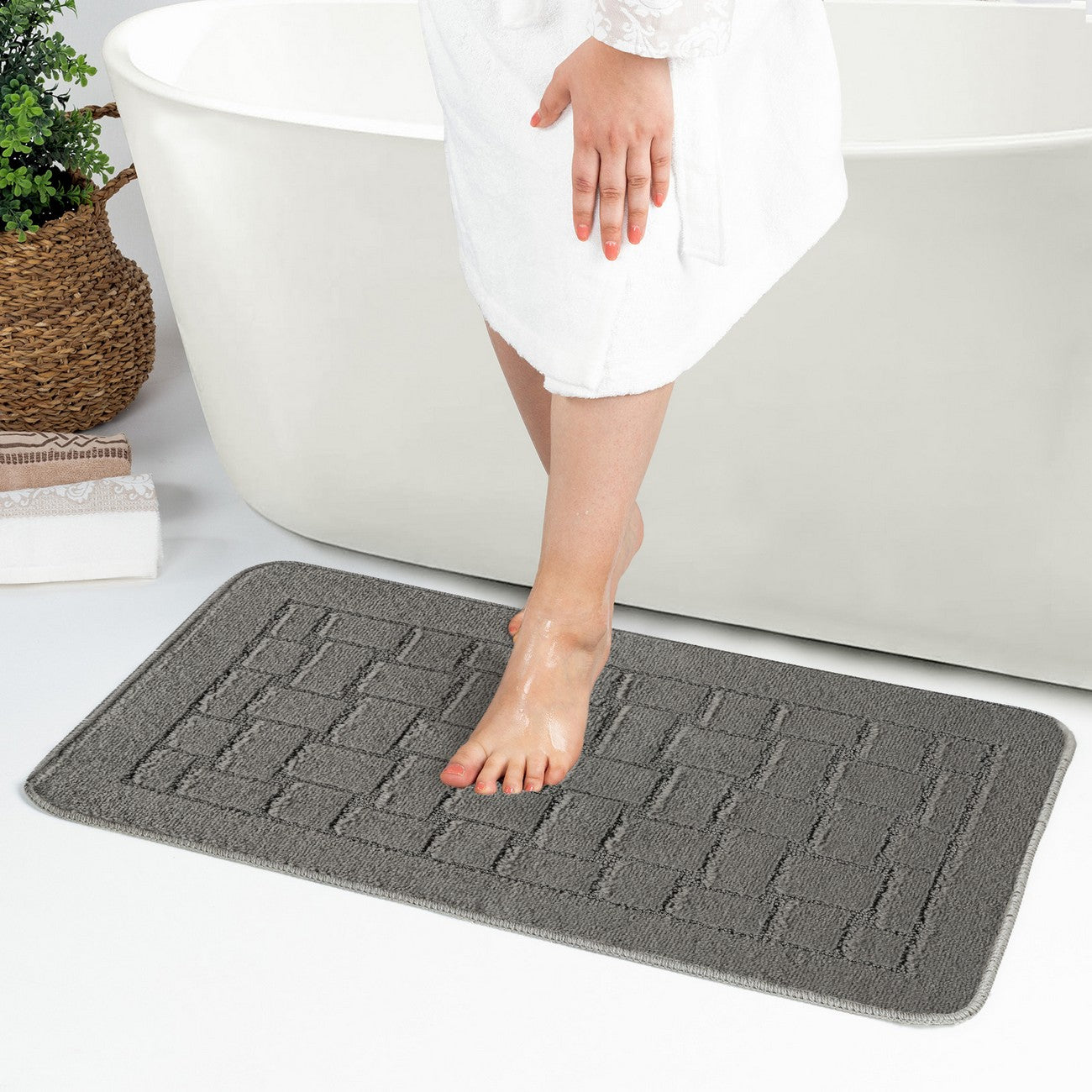 TEGAN 2 Piece Machine Washable Non-Slip Dark Grey Bathroom Rug Set Roomscene