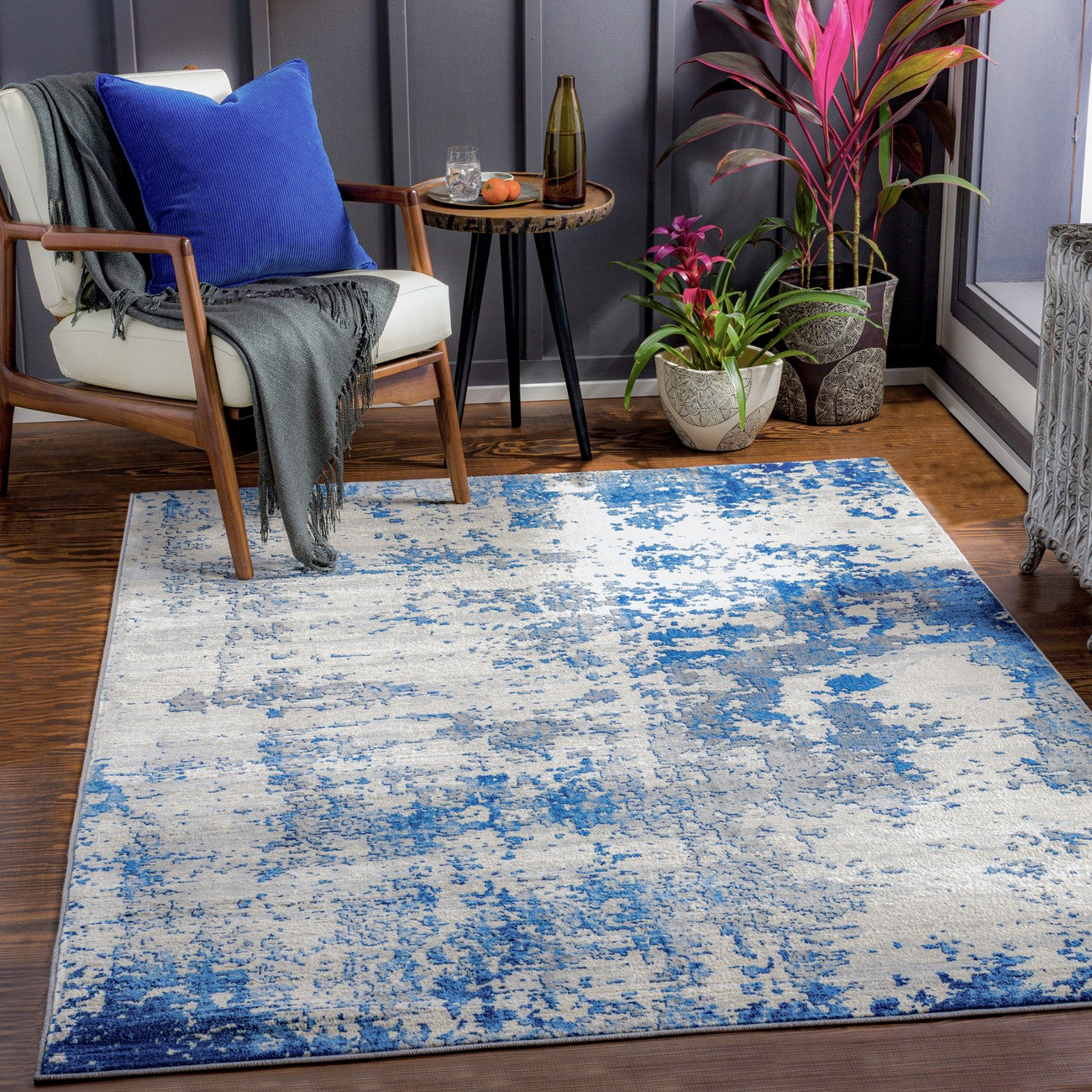 VICTOIRE Abstract Modern Marble Sky Blue Area Rug Roomscene