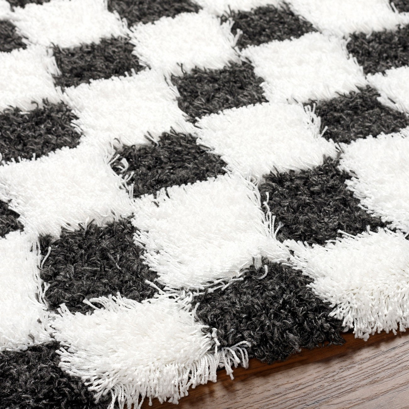 WILLA Shaggy Modern Plush Pile Black Checkered Area Rug Texture