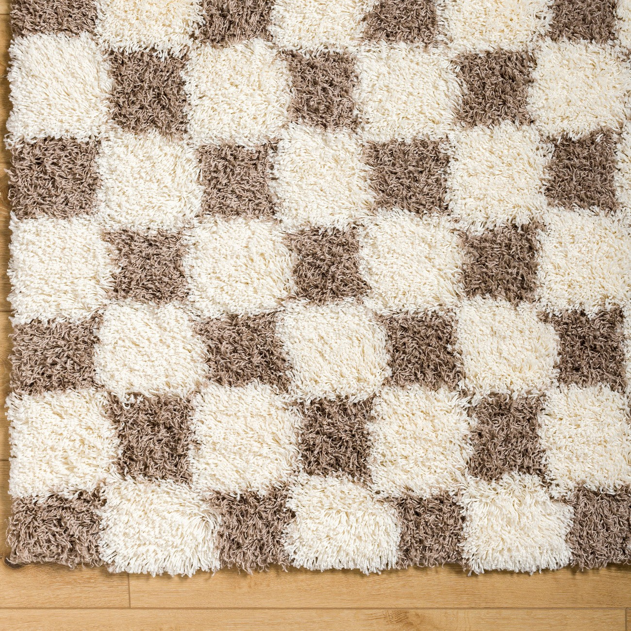 WILLA Shaggy Modern Plush Pile Brown Checkered Area Rug Overhead