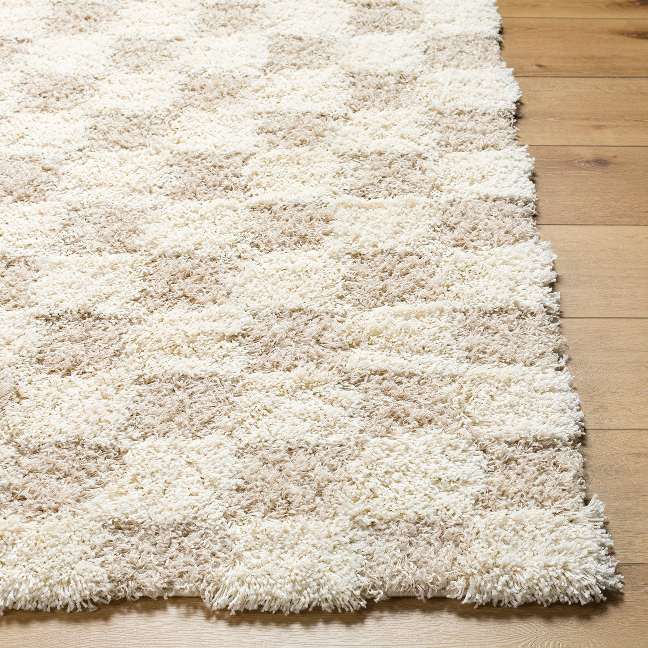 WILLA Shaggy Modern Plush Pile Light Beige Checkered Area Rug Front