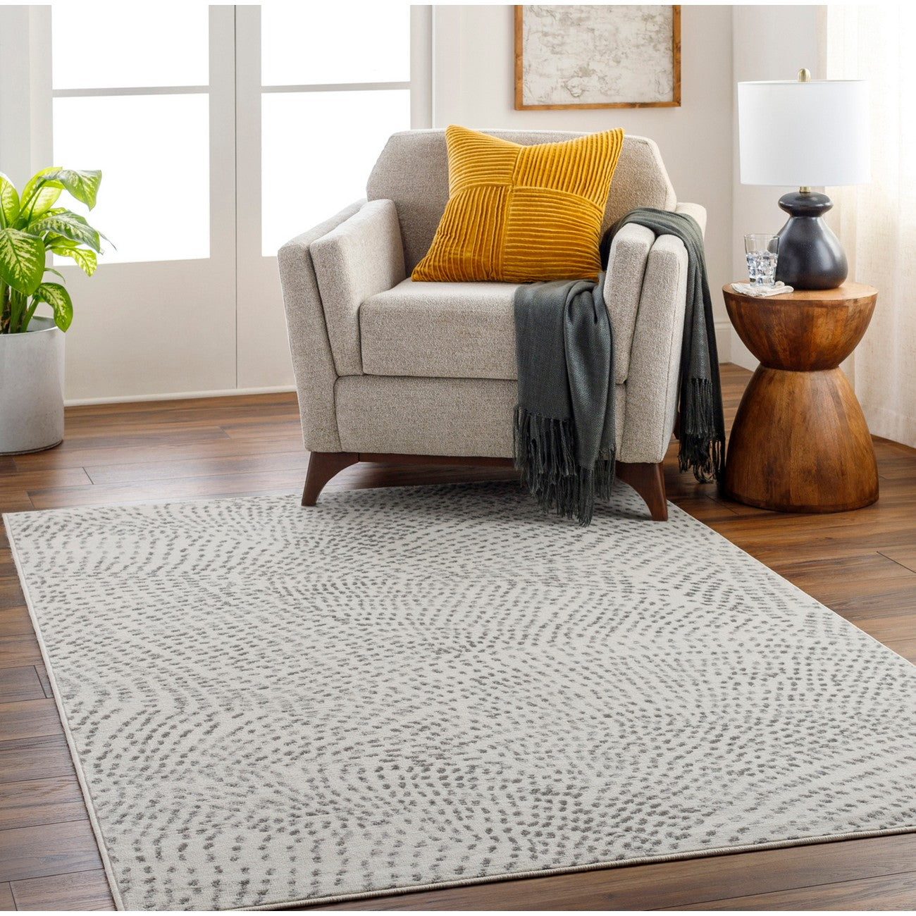 YONINA Scandi Modern Beige/Grey Polka Dot Area Rug Roomscene