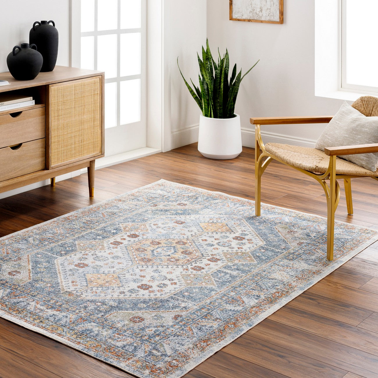 ALKA Machine Washable Traditional Boho Denim Area Rug Roomscene