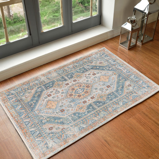 ALKA Machine Washable Traditional Boho Denim Area Rug Roomscene