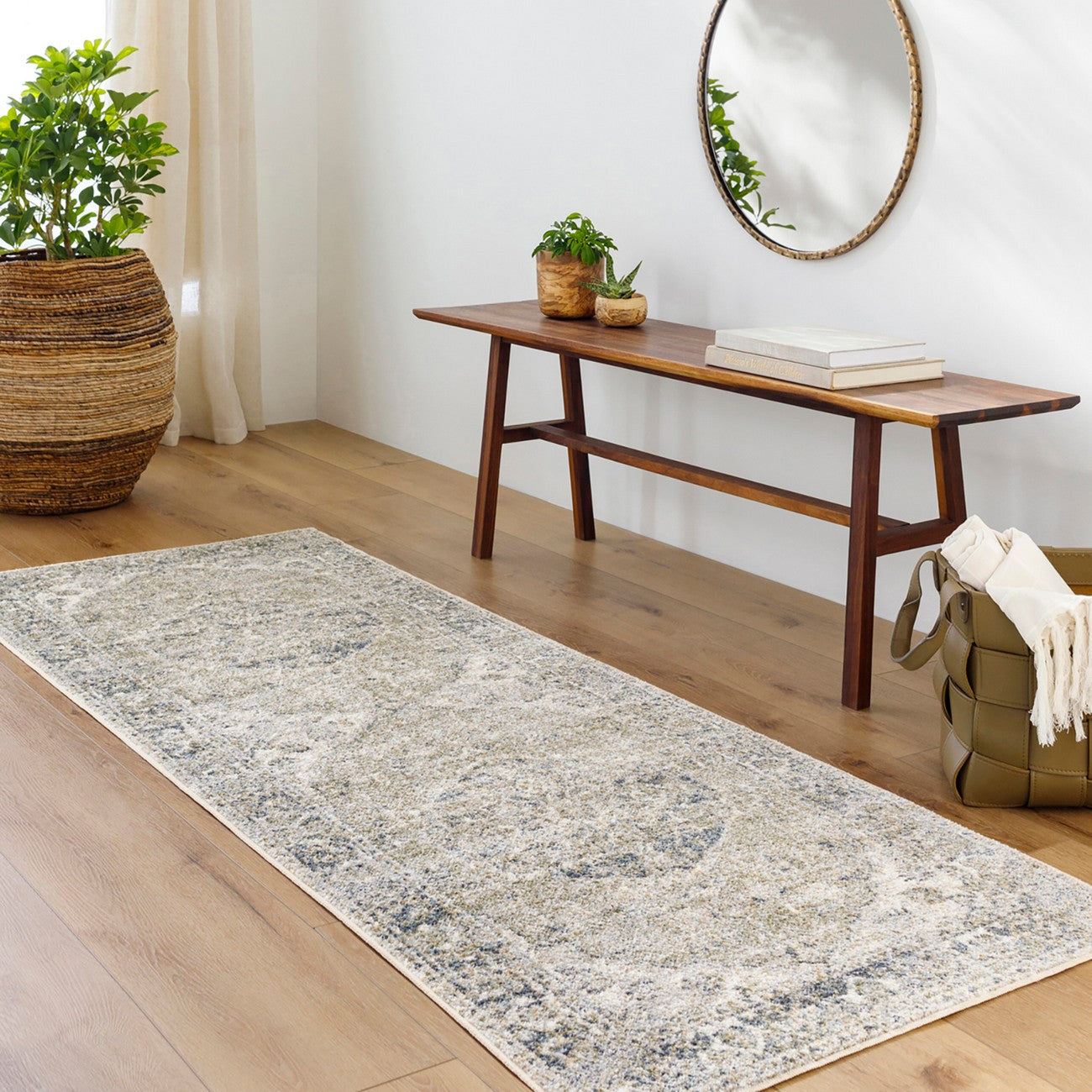 AMAYRA Machine Washable Traditional Boho Olive/Dark Blue Area Rug Roomscene