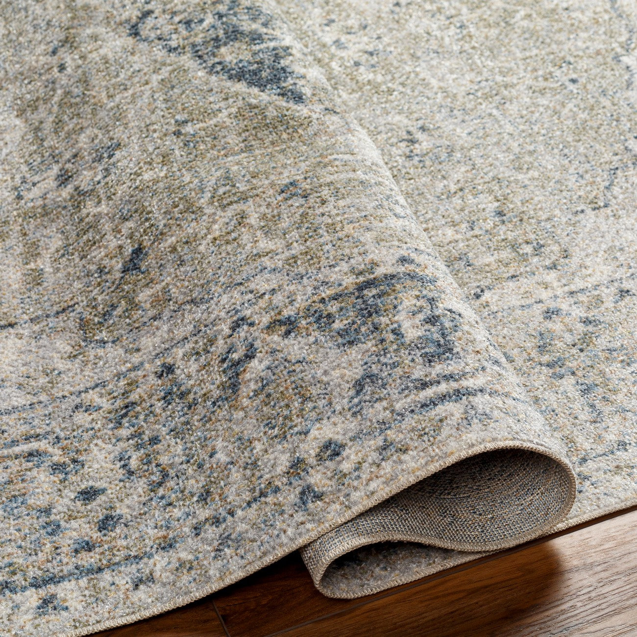 AMAYRA Machine Washable Traditional Boho Olive/Dark Blue Area Rug Fold