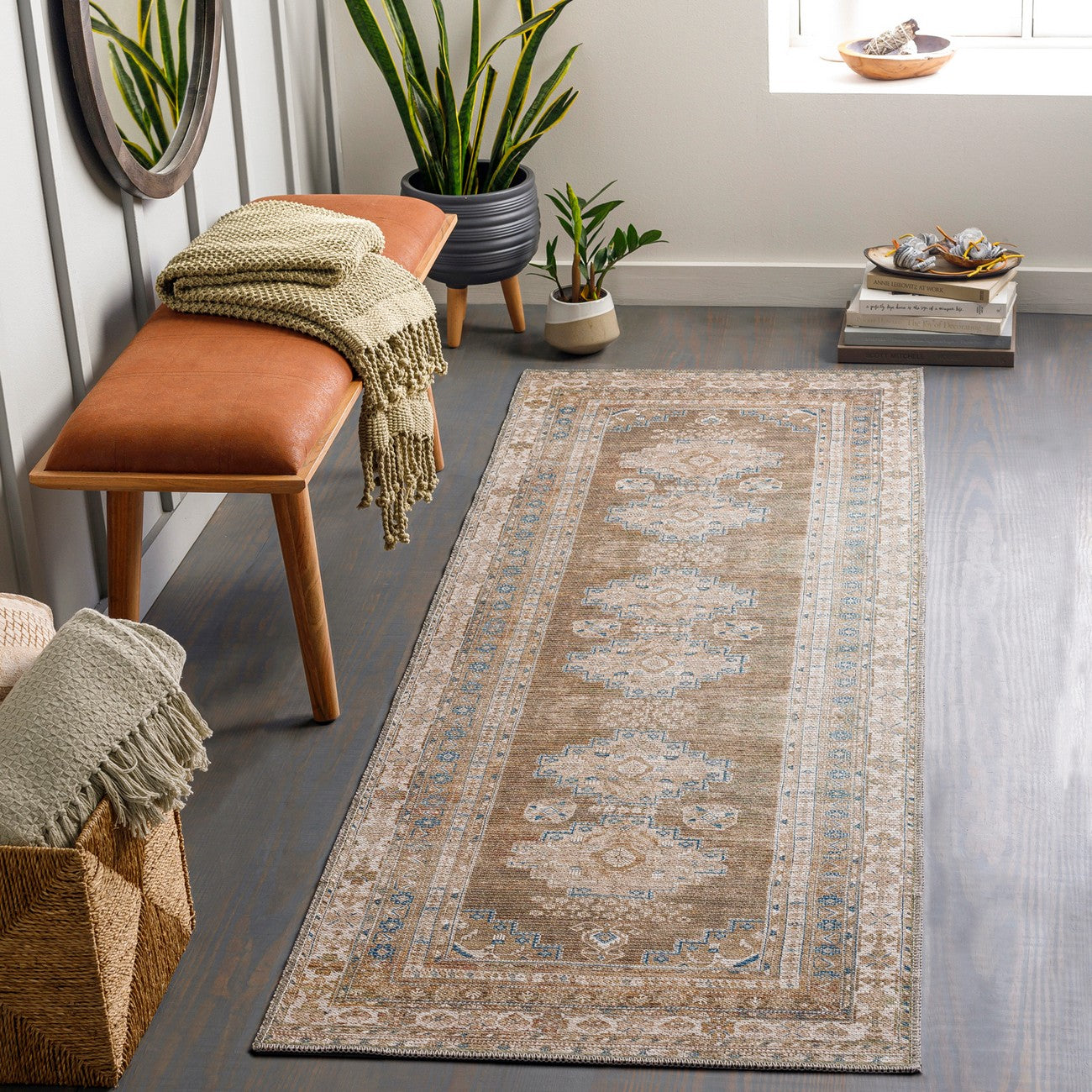 ATHENA Machine Washable Traditional Boho Brown Area Rug Roomscene