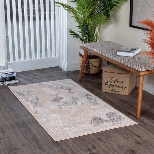 AZRA Vintage Traditional Oriental Boho Beige/White Area Rug Roomscene
