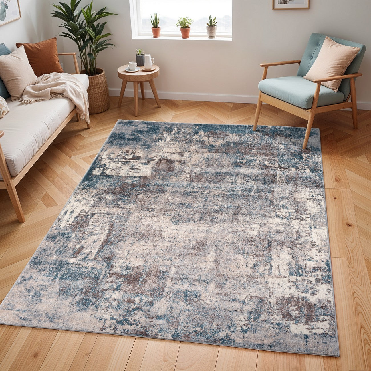 NOA Abstract Modern Marble Teal Area Rug Roomscene