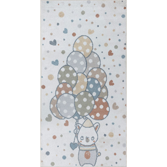 BALLON BUDDY Machine Washable Multicolour/Beige Kids Room Rug Flat